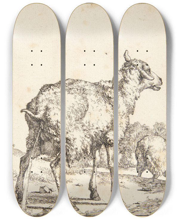 Triptych art skateboard deck of Marcus De Bye Tissende Gimmer by Marcus de Bye (1638-1688)