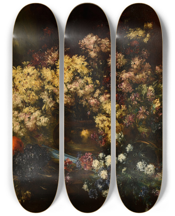 Triptych art skateboard deck of Antoine Vollon Chrysanthmes by Antoine Vollon (1833-1900)