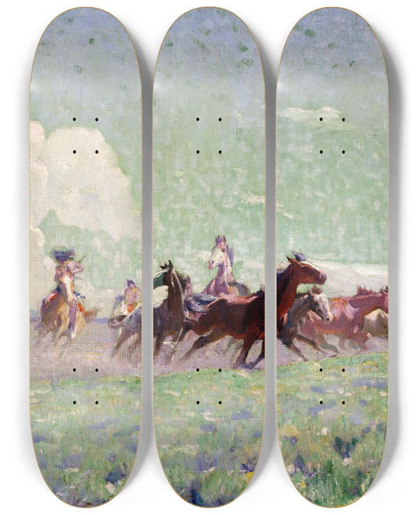 Triptych art skateboard deck of William Herbert Dunton The Enemies Horses by William Herbert Dunton (1878-1936)