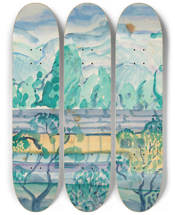 Triptych art skateboard deck of Anny Dollschein Haus Im Grnen by Anny Dollschein (1893-1946)