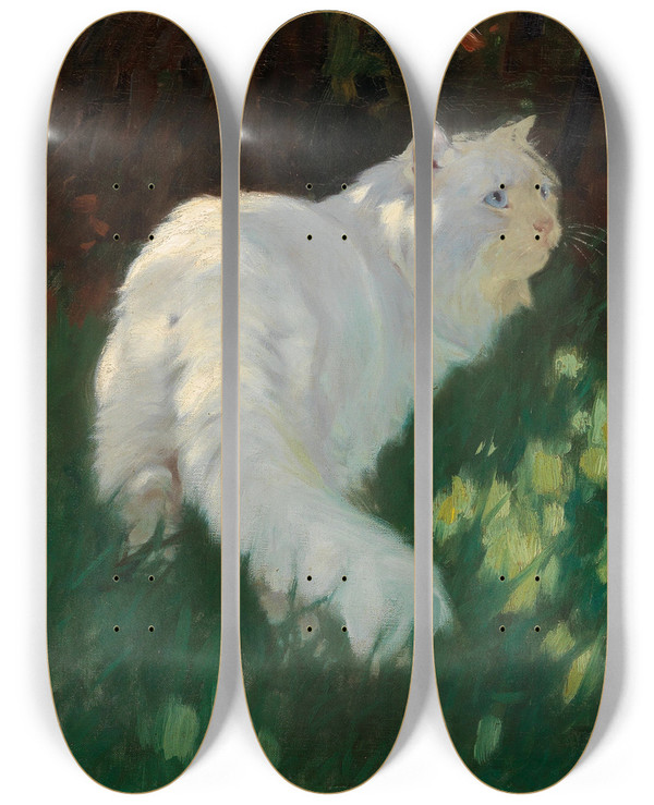Triptych art skateboard deck of Arthur Heyer White Cat And Butterflies by Arthur Heyer (1872-1931)