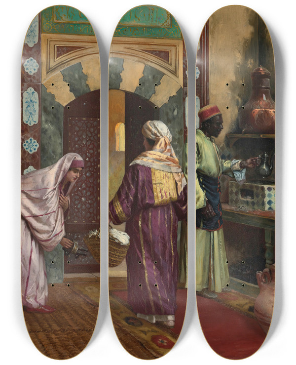 Triptych art skateboard deck of Rudolf Ernst The Hammam by Rudolf Ernst (1854-1932)