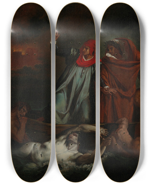 Triptych art skateboard deck of Adolf Von Becker Dante And Virgil In Hell by Adolf Von Becker (1831-1909)