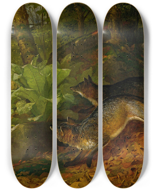 Triptych art skateboard deck of William Holbrook Beard Foxes And Rabbits by William Holbrook Beard (1824-1900)