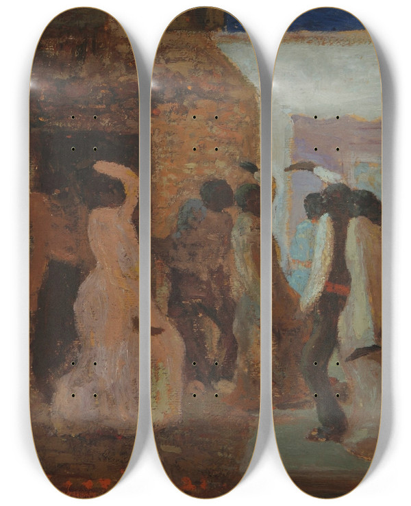 Triptych art skateboard deck of Pedro Figari Candombe O Candombe Bajo La Luna by Pedro Figari (1861-1938)