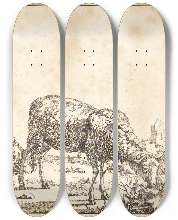 Triptych art skateboard deck of Marcus De Bye Grssende Og Liggende Fr by Marcus de Bye (1638-1688)