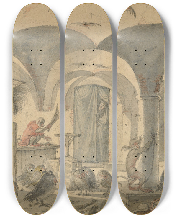 Triptych art skateboard deck of Cornelis Saftleven An Enchanted Cellar With Animals by Cornelis Saftleven (1607-1681)