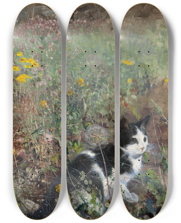 Triptych art skateboard deck of Bruno Liljefors Cat On A Flowery Meadow by Bruno Liljefors (1860-1939)