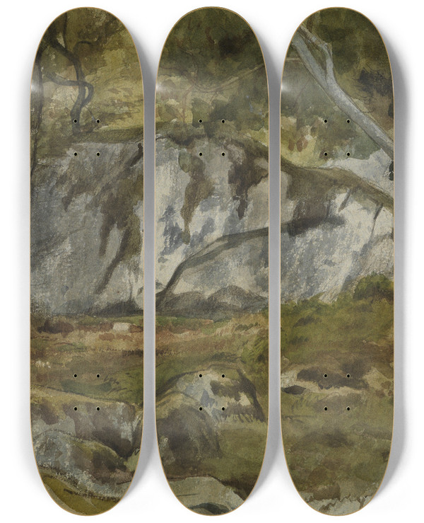 Triptych art skateboard deck of Alexandre Cabanel Forest With Boulders by Alexandre Cabanel (1823-1889)
