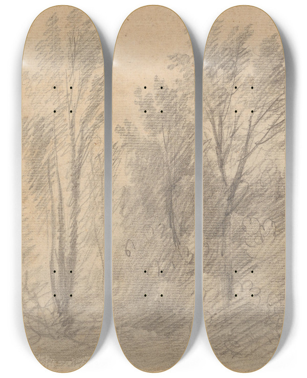 Triptych art skateboard deck of Thomas Gainsborough Study Of Trees by Thomas Gainsborough (1727-1788)