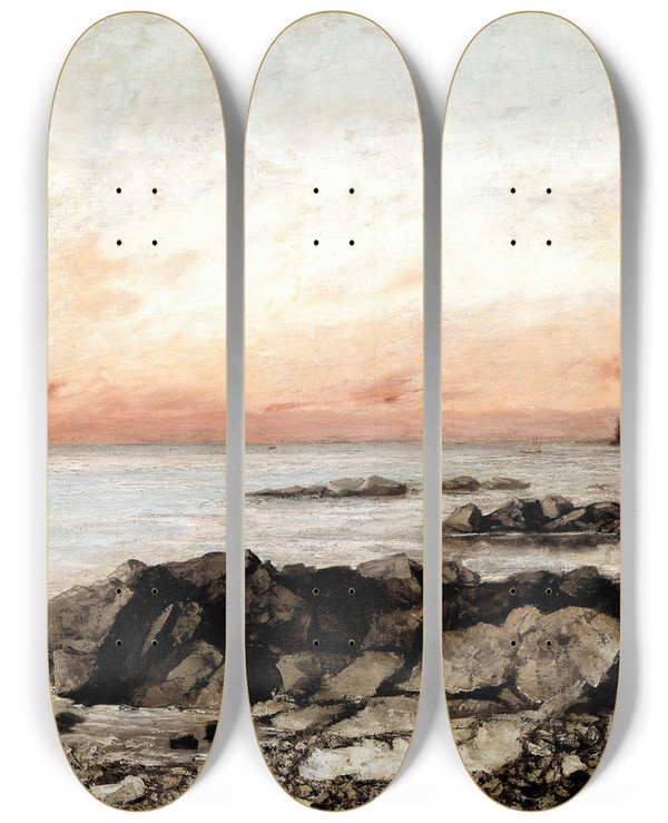 Triptych art skateboard deck of Gustave Courbet Sunset Vevey Switzerland by Gustave Courbet (1819-1877)