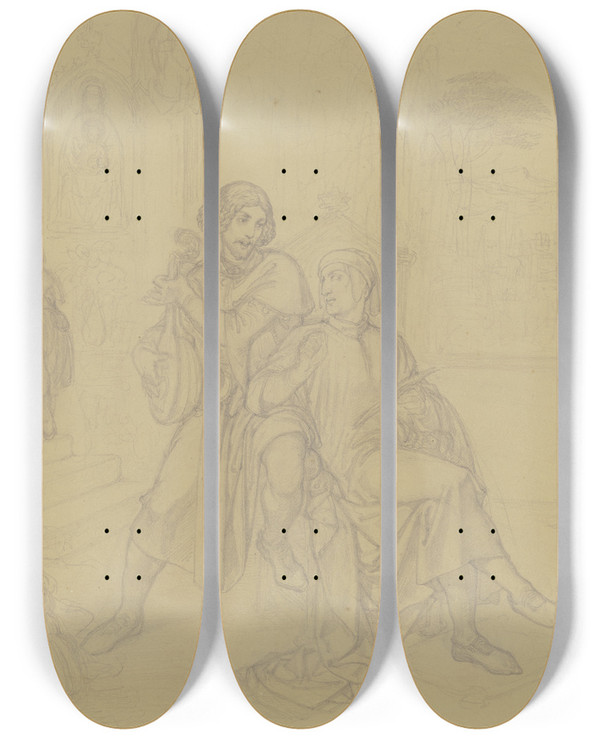 Triptych art skateboard deck of Ferdinand Fellner Dante Beim Lautenspiel Dichtend by Ferdinand Fellner (1799-1859)