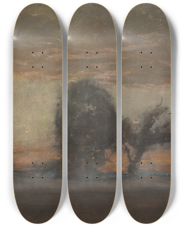 Triptych art skateboard deck of Joseph Frank Currier Evening Landscape by J Frank Currier (1843-1909)