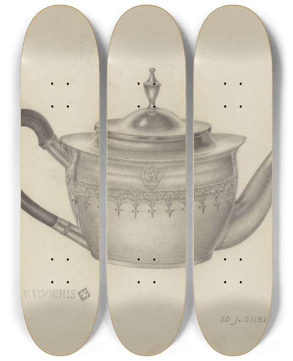 Triptych art skateboard deck of Ej Gilsleider Silver Teapot by E.J. Gilsleider