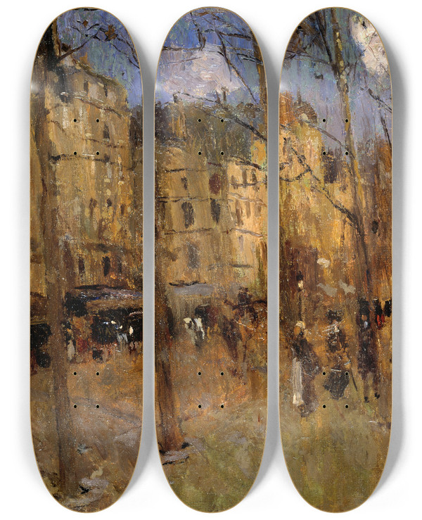 Triptych art skateboard deck of Frank Edwin Scott Boulevard St Germain by Frank Edwin Scott (1863-1929)