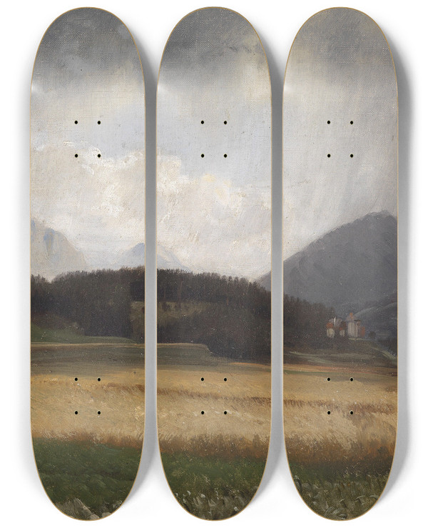 Triptych art skateboard deck of Anton Hlavacek Regenstimmung Ber Igls by Anton Hlavacek (1842-1926)