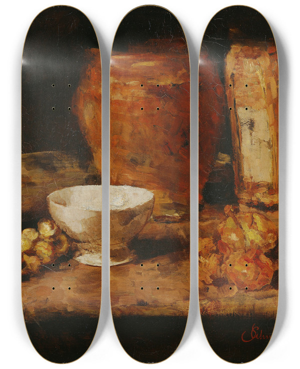 Triptych art skateboard deck of Carl Schuch Stillleben Mit Weier Schale by Carl Schuch (1846-1903)