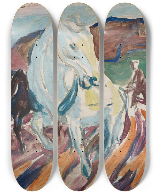 Triptych art skateboard deck of Edvard Munch Horses Ploughing by Edvard Munch (1863-1944)