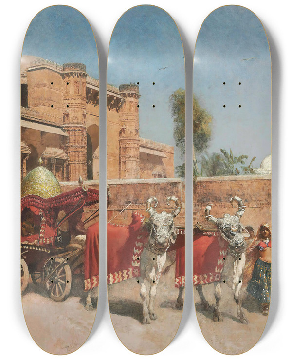 Triptych art skateboard deck of Edwin Lord Weeks A Wedding Procession Before A Palace In Rajasthan by Edwin Lord Weeks (1849-1903)
