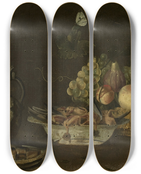 Triptych art skateboard deck of Alexander Adriaenssen Still Life With A Herring by Alexander Adriaenssen (1587-1661)