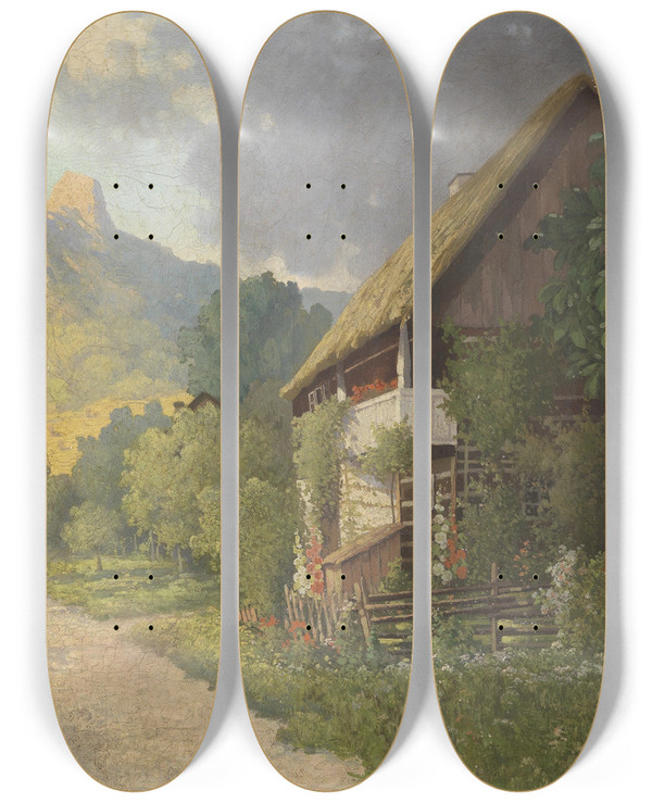 Triptych art skateboard deck of Walter Stoitzner Idyllische Szene by Walter Stoitzner (1890-1921)