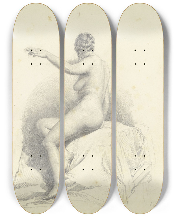 Triptych art skateboard deck of Carl Morgenstern Weiblicher Akt Sitzend Von Der Seite Gesehen by Carl Morgenstern (1811-1893)
