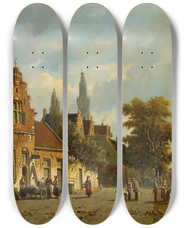 Triptych art skateboard deck of Adrianus Eversen A Town In Holland by Adrianus Eversen (1818-1897)