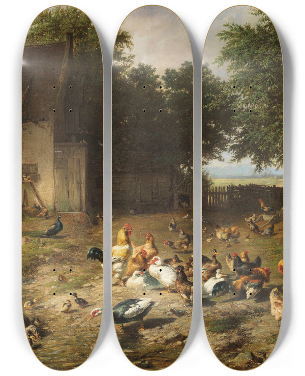 Triptych art skateboard deck of Carl Jutz The Elder Sommerlicher Hhnerhof by Carl Jutz The Elder (1838-1916)