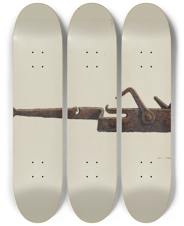Triptych art skateboard deck of Gl Schafer Conestoga Axe Holder by G L Schafer