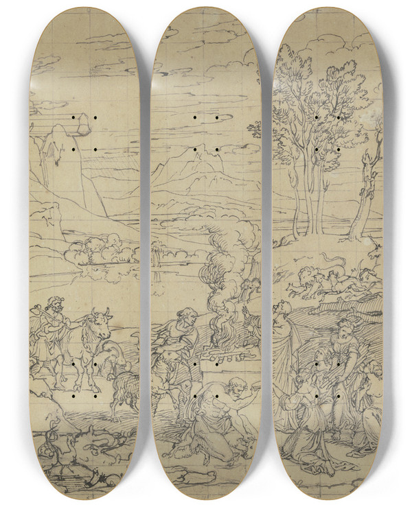Triptych art skateboard deck of Joseph Anton Koch Landschaft Mit Dem Dankopfer Noahs by Joseph Anton Koch (1768-1839)