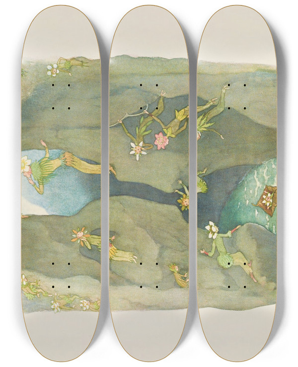 Triptych art skateboard deck of Ernst Kreidolf In Der Schlucht by Ernst Kreidolf (1863-1956)