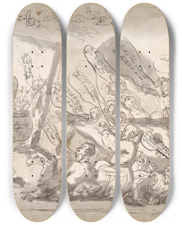 Triptych art skateboard deck of Thomas Rowlandson An Irish Howl by Thomas Rowlandson (1756-1827)