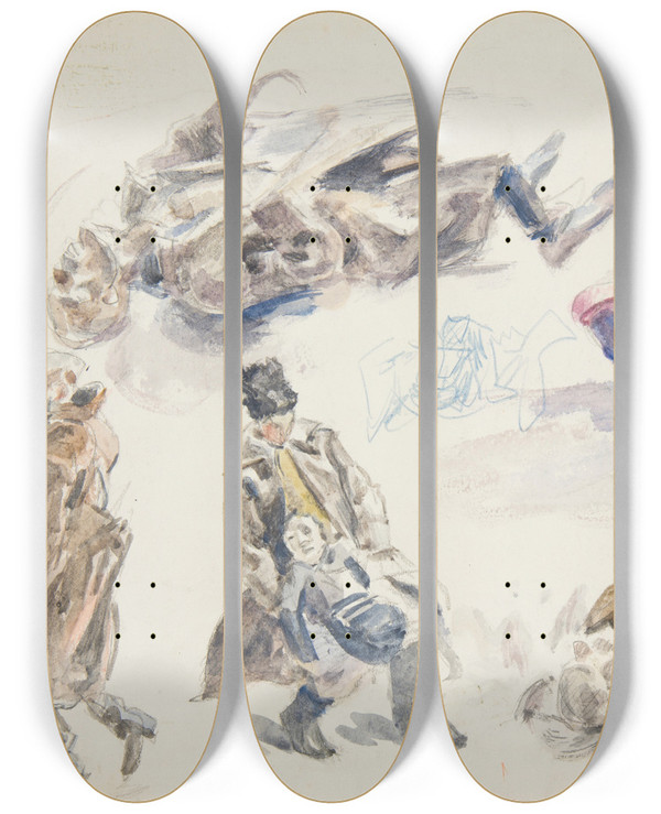 Triptych art skateboard deck of Ivan Ivanec Studia Postaci Onierzy I Studia Cia Polegych Onierzy by Ivan Ivanec (1893-1946)