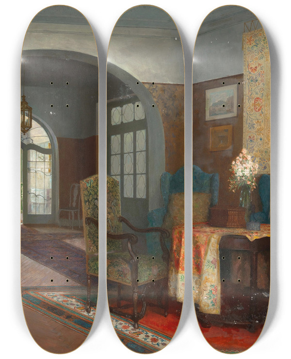 Triptych art skateboard deck of Carl Probst An Interior by Carl Probst (1854-1924)