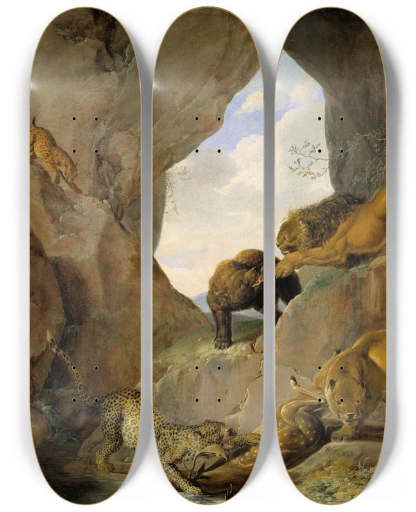 Triptych art skateboard deck of Carl Borromus Andreas Ruthart Wild Animals In A Mountain Gorge by Carl Borromaus Andreas Ruthart (1630-1703)