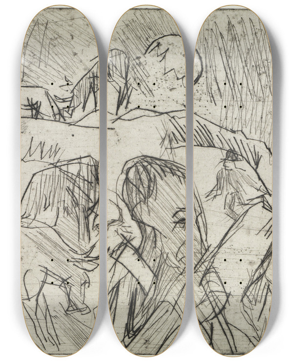 Triptych art skateboard deck of Ernst Ludwig Kirchner Hirt Mit Khen Am Berg by Ernst Ludwig Kirchner (1880-1938)