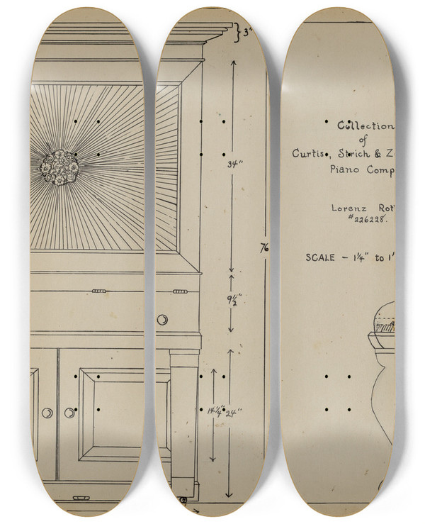 Triptych art skateboard deck of Lorenz Rothkranz Upright Piano by Lorenz Rothkranz
