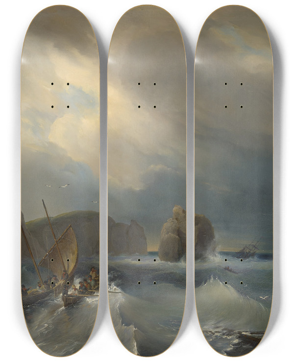 Triptych art skateboard deck of Thodore Gudin Rough Sea With Ships by Theodore Gudin (1802-1880)