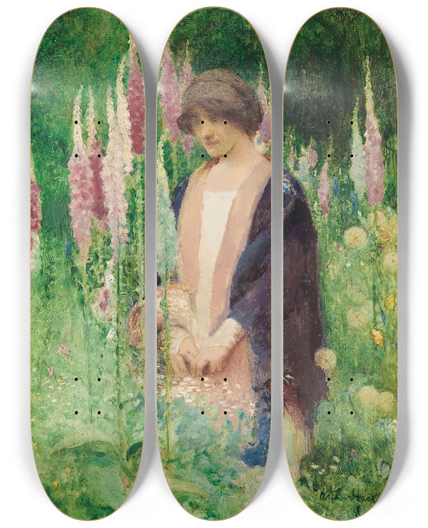 Triptych art skateboard deck of Arthur Hacker The Drone A Study by Arthur Hacker (1858-1919)