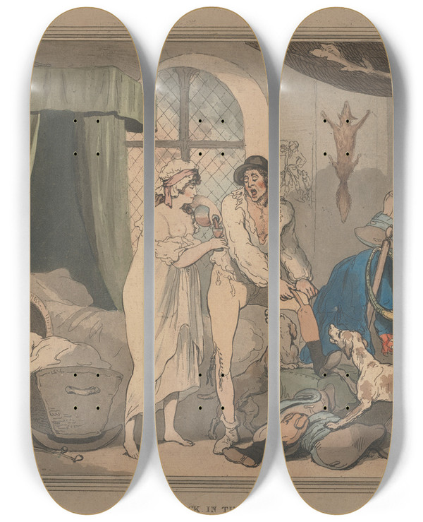 Triptych art skateboard deck of Thomas Rowlandson Four Oclock In The Country by Thomas Rowlandson (1756-1827)