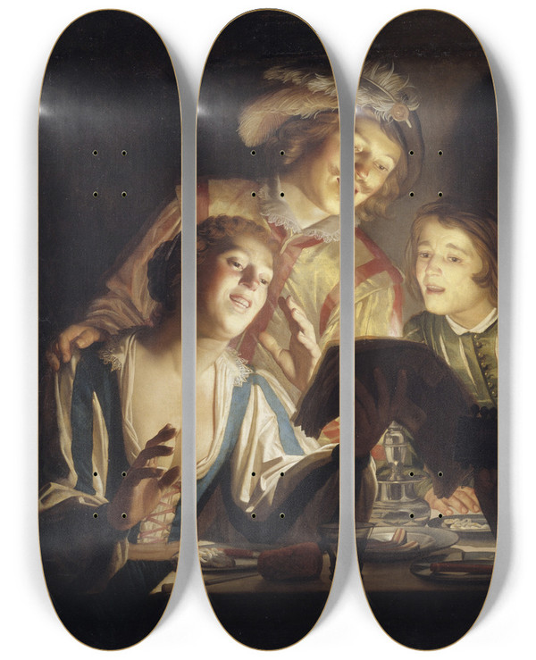 Triptych art skateboard deck of Gerard Van Honthorst Musical Group By Candlelight by Gerard Van Honthorst (1592-1656)