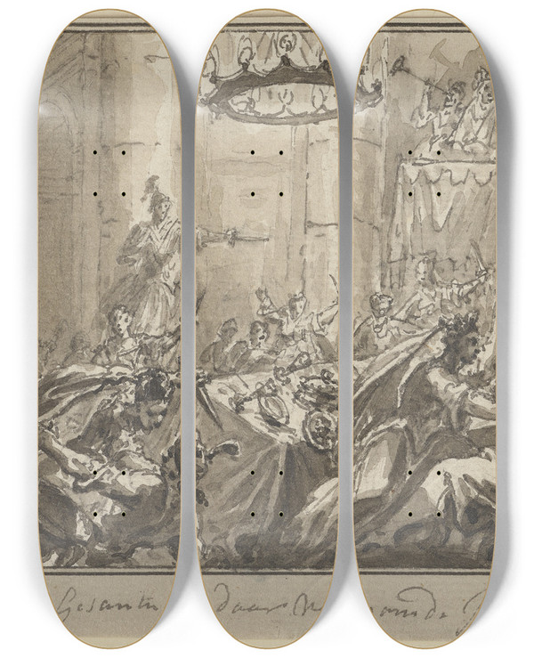 Triptych art skateboard deck of Simon Fokke Geschichte Alexanders Des Groen by Simon Fokke (1712-1784)