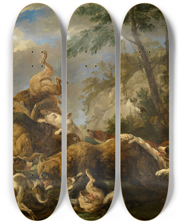 Triptych art skateboard deck of Carl Borromus Andreas Ruthart Bear Hunt_1 by Carl Borromaus Andreas Ruthart (1630-1703)
