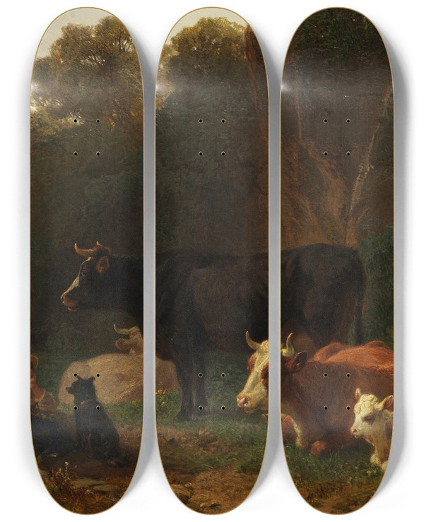 Triptych art skateboard deck of Friedrich Voltz Hirtebub Mit Khen An Felsenwand by Friedrich Voltz (1817-1886)