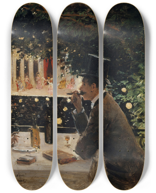 Triptych art skateboard deck of Jean Braud Dner Aux Ambassadeurs by Jean Beraud (1849-1935)