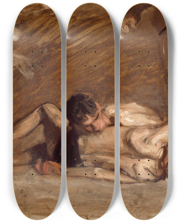 Triptych art skateboard deck of Thomas Eakins Wrestlers_2 by Thomas Eakins (1844-1916)