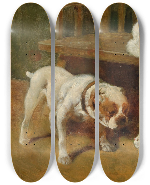 Triptych art skateboard deck of Arthur Heyer Dog And Cats by Arthur Heyer (1872-1931)