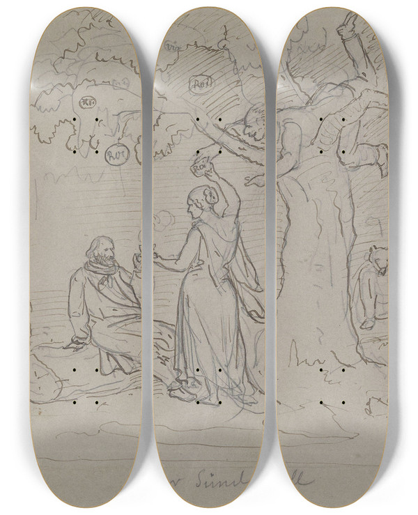 Triptych art skateboard deck of Adolph Tidemand Syndefallet by Adolph Tidemand (1814-1876)