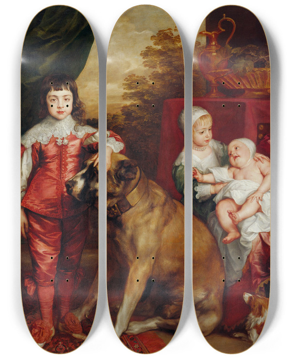 Triptych art skateboard deck of Anthony Van Dyck Five Eldest Children Of Charles I by Anthony Van Dyck (1599-1641)
