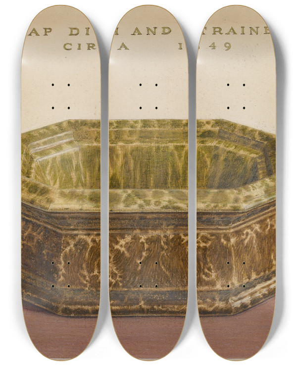 Triptych art skateboard deck of Roy Williams Soap Dish And Strainer by Roy Williams